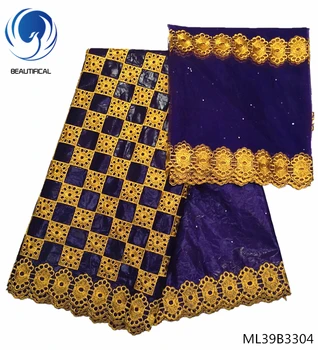 BEAUTIFICAL azul bazin riche getzner africanos de algodón, telas de brocado de la tela del telar jacquar con 2yards tela de encaje 7yards/lote ML39B33