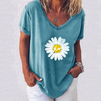 StreetwearDaisy impreso camiseta mujer de algodón de gran tamaño suelta a corto sleevedmid de longitud Tops suave de verano de la camiseta de las mujeres #20