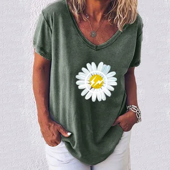 StreetwearDaisy impreso camiseta mujer de algodón de gran tamaño suelta a corto sleevedmid de longitud Tops suave de verano de la camiseta de las mujeres #20