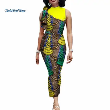 Nuevos estampados Africanos Vestidos Largos para las Mujeres Bazin Riche Patchwork Recta Perlas Drapeado Vestido de África Ropa Vestidos WY3416
