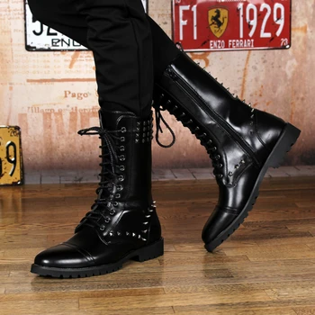 Nuevo diseño de los hombres casual, fiesta de discoteca vestido con botas negras de cuero de vaca de remaches zapatos otoño invierno de alta bota de cordones botas