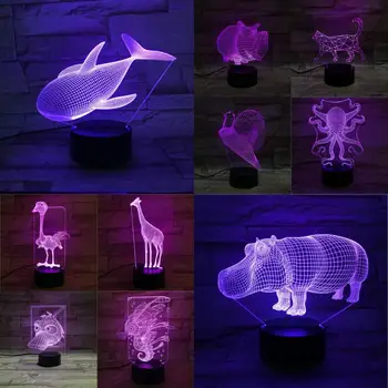 La naturaleza de los Animales en 3D USB LED Lámpara de Dormitorio Junto a la Luz de la Noche de los Niños de Juguete de Niño Creativo Regalo Táctil de Control Remoto de la Base de la Placa de Acrílico