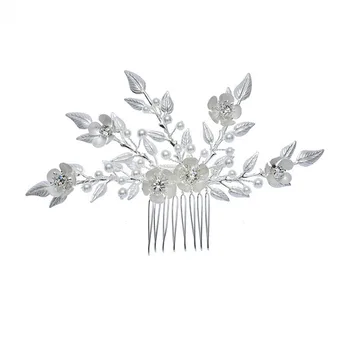 SLBRIDAL hechos a Mano de Plata de Color de Cristal de diamante de imitación de Perlas de Boda Floral de la Diadema de Pelo Peine Nupcial Accesorios para el Cabello de las Mujeres de la Joyería