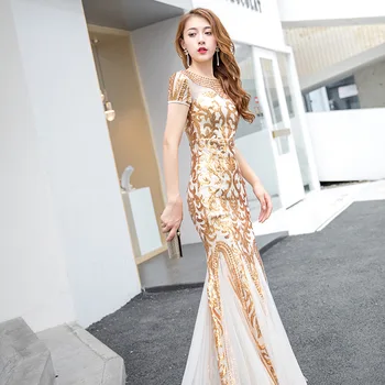 Es Yiiya Vestidos de Noche Largos de Oro Patrón de Lentejuelas Brillantes Formal Vestido Más el Tamaño de la Sirena Elegante Vestido de 2020 Túnica De Gala K159