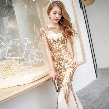 Es Yiiya Vestidos de Noche Largos de Oro Patrón de Lentejuelas Brillantes Formal Vestido Más el Tamaño de la Sirena Elegante Vestido de 2020 Túnica De Gala K159
