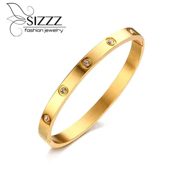 SIZZZ 6 mm de ancho de acero inoxidable rhinestone del oro/de la rosa de oro/plateado pulsera&brazaletes para las mujeres