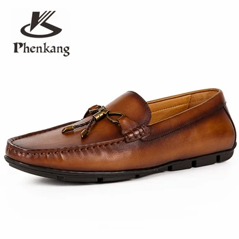 Phenkang los Hombres de cuero de verano casual zapatos masculinos de la borla zapatillas de deporte Zapatos mocasines de hombres 2020 Deslizamiento Sobre el negro de los hombres de cuero genuino zapatos