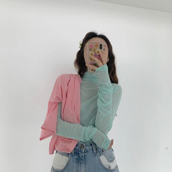 6 colores 2019 verano coreano caramelo de color de manga larga de malla camisetas mujer camiseta de la camisa de femme (R4481)