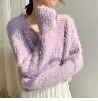 2020 otoño nueva visón chaqueta de lana de punto suéter de lana ropa exterior de color púrpura suéter cardigan mujeres estilo corto