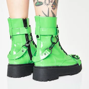Verde de Cuero de Patente de la Moda de Tobillo Botas Mujer Puntera Redonda Hebilla de Encaje Botas de Primavera, de Otoño de la Plataforma de punk botas