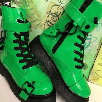 Verde de Cuero de Patente de la Moda de Tobillo Botas Mujer Puntera Redonda Hebilla de Encaje Botas de Primavera, de Otoño de la Plataforma de punk botas