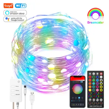 Tuya Smart WiFi LED de Hadas Cadena de Luces Dreamcolor 10m 100LED RGB RGBIC USB Luz de Tira del Trabajo de Alexa de Música de Sincronización de la Luz de la Navidad
