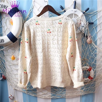 Japonés Mori Chica Dulce de Cereza de Bordado, Ganchillo Hueco Delgada Chaqueta de punto de la Capa De 2019 Primavera Otoño Suéter de las Mujeres