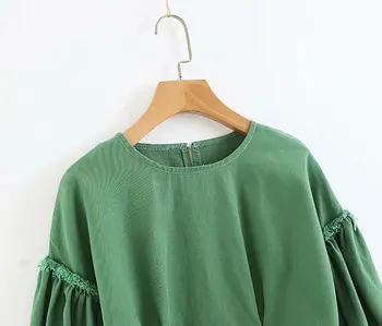 Lanbaiyijia más reciente de Otoño de las Mujeres camisas de manga Larga del O-Cuello del Pulóver Verde de nuevo la Camisa de la Cremallera de la Decoración de Corta Camisas de las Mujeres Blusa