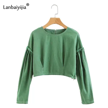 Lanbaiyijia más reciente de Otoño de las Mujeres camisas de manga Larga del O-Cuello del Pulóver Verde de nuevo la Camisa de la Cremallera de la Decoración de Corta Camisas de las Mujeres Blusa