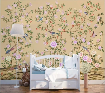 Beibehang un fondo de pantalla Personalizado en 3d foto murales pintados a mano de la vendimia de flores y de pájaros de fondo de la pared de la sala de estar del dormitorio de papel de pared