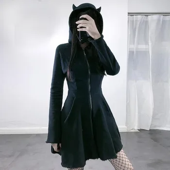 Vestido de las Mujeres ropa Gótica Vestido de Gato Oído Sudadera con capucha Sudadera de Manga Larga con Capucha Lindo Vestido de Sudadera Indefinido платье 2021