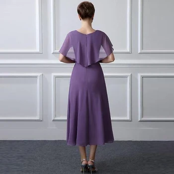 2021 Último Asequible Púrpura de Té de Longitud Gasa Madre de los Vestidos de Novia Escote Joya de la Boda de Novio Vestidos de Cuentas