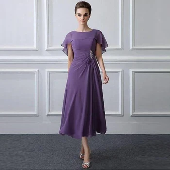 2021 Último Asequible Púrpura de Té de Longitud Gasa Madre de los Vestidos de Novia Escote Joya de la Boda de Novio Vestidos de Cuentas