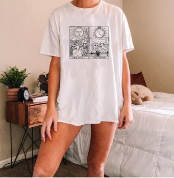 Sunfiz YF El Sol y La Luna Camiseta de Moda de la Vendimia de las Mujeres de Oscuro Patrón de Impresión Suelta Punk Superior Gótico Harajuku Estilo de la Calle Tee