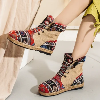 La moda de Cáñamo de Tobillo Botas Para Niñas Primavera/Otoño de Patchwork Mujeres Hermosas botas de Encaje Bordado Hasta Botines Mujer 2019