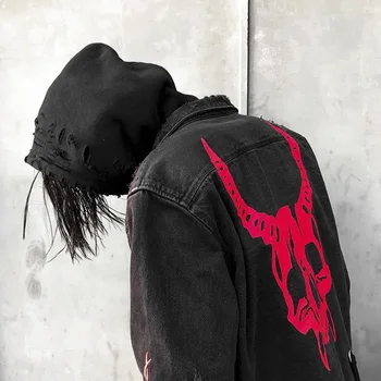 2020 Harajuku Gótico Cazador de Demonios Cráneo negro chaqueta de dril de algodón de los hombres de Rock punk heavy metal Camiseta tirantes agujero streetwear