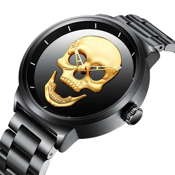Mens Reloj de Cuarzo Punk Cráneo Único de la Moda 3D Impermeable de Lujo de los Hombres Relojes de Acero Inoxidable Reloj de los Deportes de Relogio Masculino