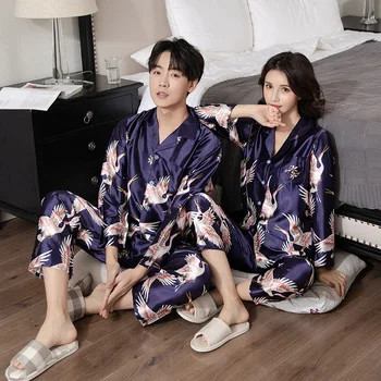 Las parejas de Impresión 2PCS Dormir Conjunto de Camisa y Pantalones de Seda Pijamas Traje de Novia de la Boda de Regalo Casual ropa de hogar ropa de Dormir Albornoz Kimono Vestido