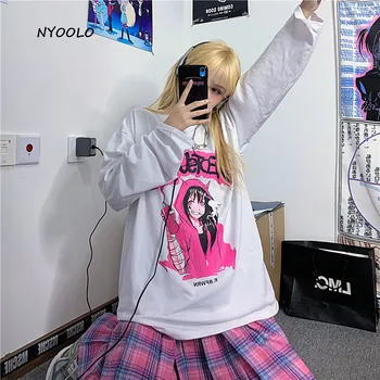 NYOOLO Otoño de ropa de dibujos animados de Anime hip hop girl letras de impresión de manga larga T-shirt ropa de mujer Harajuku suelto tops camiseta