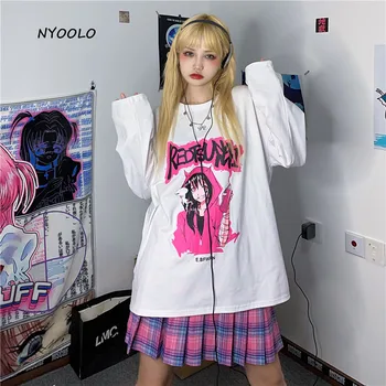 NYOOLO Otoño de ropa de dibujos animados de Anime hip hop girl letras de impresión de manga larga T-shirt ropa de mujer Harajuku suelto tops camiseta