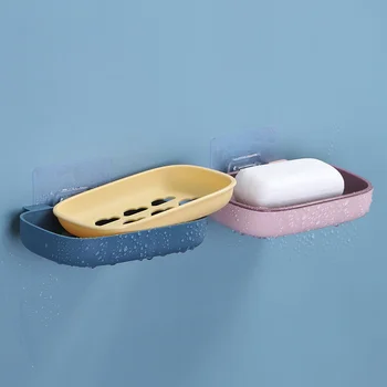 Auto-adhesivo de Doble capa de Jabón Titular Sin Perforación de la Pared-montado en la jabonera de la bandeja de esponja de drenaje estante Baño Accesorios