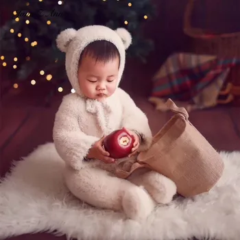 Bebé oso traje de fotografía de la ropa de terciopelo mono+sombrero de bebé de la fotografía autumnwinter traje de bebé de 1 año de la foto de la ropa