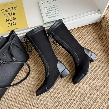 2021 de la Venta Caliente de la Primavera de Otoño de la Lazada de la Rodilla Botas Altas de las Mujeres de la Moda del Cuadrado negro de Tacón Mujer, Zapatos de Cuero de Invierno de la PU de Gran Tamaño 43