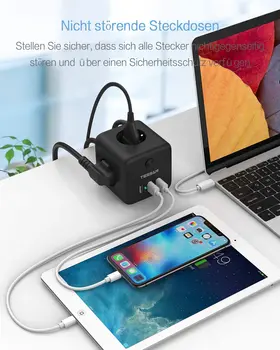 TESSAN PowerCube de enchufes con toma USB Enchufe de la UE Adaptador de Extensión con Interruptor de 3 Salidas de 3 Puertos USB Hogar de Viajes de Carga