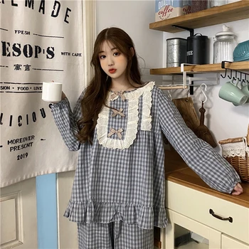 Lolita princesa pijama conjunto kawaii japonés coreano casa de estilo traje suelto de volantes de tela escocesa de las pijamas de manga larga tops pantalones conjunto Y144