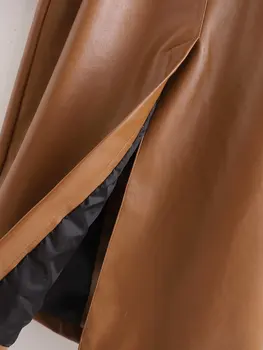 2020 Otoño/invierno Nueva Imitación de Cuero Larga Chaqueta de la Mujer de la Pu de la Cazadora de Doble Botonadura Outwear Color Sólido de la Zanja de la Correa