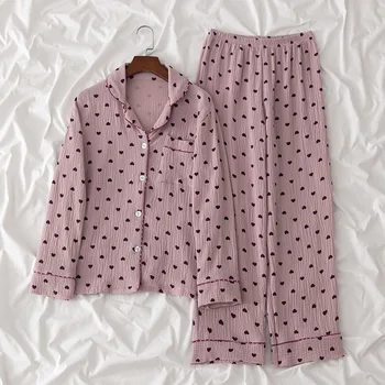 Otoño Hilo de Manga Larga Pijamas para Mujer Encantadora Plisado de Algodón Pijamas de Turn-down Cuello de la Impresión de la ropa de dormir de 2 piezas de ropa de Dormir