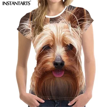INSTANTARTS de las Mujeres de la Camiseta de la Moda Casual Ropa que Adelgaza para las Mujeres de Verano de Manga Corta de la Camiseta de Lindo Cachorro de Perro Yorkie Terrier