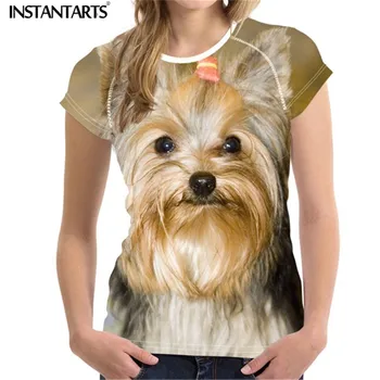 INSTANTARTS de las Mujeres de la Camiseta de la Moda Casual Ropa que Adelgaza para las Mujeres de Verano de Manga Corta de la Camiseta de Lindo Cachorro de Perro Yorkie Terrier