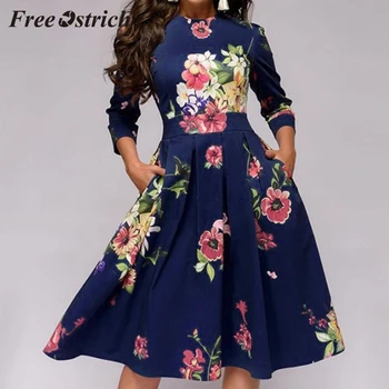 Libre de Avestruz 2019 Mujer Elegante Una línea Vintage de la Impresión de Vestidos de Fiesta Vestido de estampado de flores de color Rosa Temperamental Vestido Para las Mujeres
