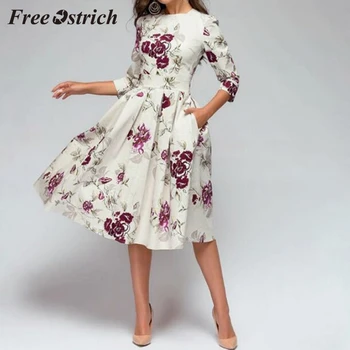 Libre de Avestruz 2019 Mujer Elegante Una línea Vintage de la Impresión de Vestidos de Fiesta Vestido de estampado de flores de color Rosa Temperamental Vestido Para las Mujeres