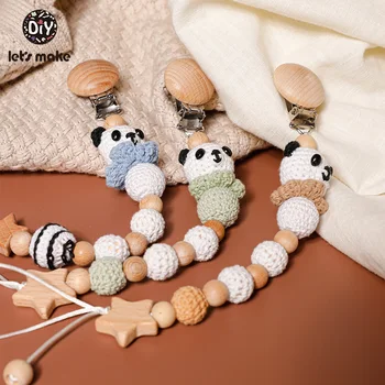 1pc Chupete Cadena de Teeting Cadenas de Crochet Conejo Panda de Perlas de Madera de Clips de Madera Chupadero Pequeña Varilla de Niños Chupete Clips de Juguetes de Bebé