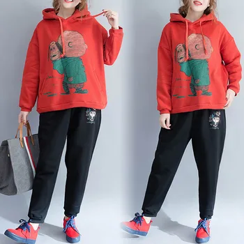 Caliente del invierno de Lana de las Mujeres Chándales de dibujos animados Deporte Trajes Casual con Capucha Sweatershirt + Elástico de la Cintura de los Pantalones Sueltos Conjuntos de AA268S30