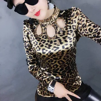2019 Otoño De Manga Larga De Cuello De Pie De Leopardo De Impresión De Raso Blusas De Mujer Sexy De Bolas De Trabajo De Raso Camisas De Leopardo De Las Mujeres Del Satén Tops