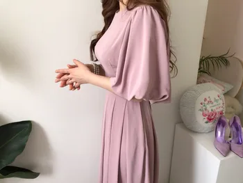 Corea Sólido Casual Chic Elegante de las Mujeres Vestido de Verano de 2020 Vestido de cuello Redondo de Alta Correas de la cintura de la Linterna mangas Plisado Vestido Largo