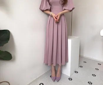 Corea Sólido Casual Chic Elegante de las Mujeres Vestido de Verano de 2020 Vestido de cuello Redondo de Alta Correas de la cintura de la Linterna mangas Plisado Vestido Largo