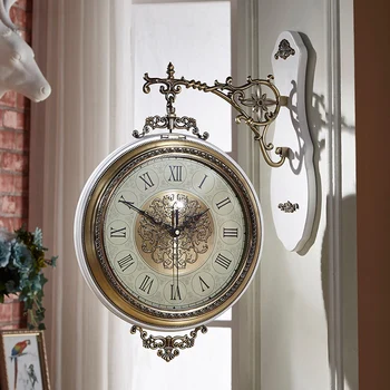 Vintage Gran Reloj de Pared de Oro de Lujo de Metal de Doble cara en Silencio Relojes de Pared Romana Salón Americano Horloge Decoración para el Hogar ZB5WC
