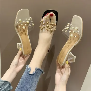 Cadena de Bolas Transparente Cuadrado tacón de zapatos de tacón Alto zapatillas de las mujeres 2019 zapatos de verano mujer Salvaje dedo del pie Abierto Dulces damas zapatos de mujer