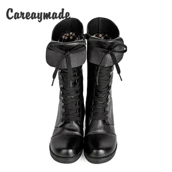 Careaymade-Nuevo estilo Británico de la Cabeza de la capa de piel de vaca de la señora zapatos otoño invierno de las mujeres botas de moda alto de botas calientes zapatos de mujer botas