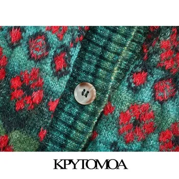 KPYTOMOA Mujeres 2020 de la Moda Jacquard Recortada Chaqueta de Punto Suéter de la Vendimia de la Plaza de Cuello de Botón de Mujer ropa de Abrigo Chic Tops